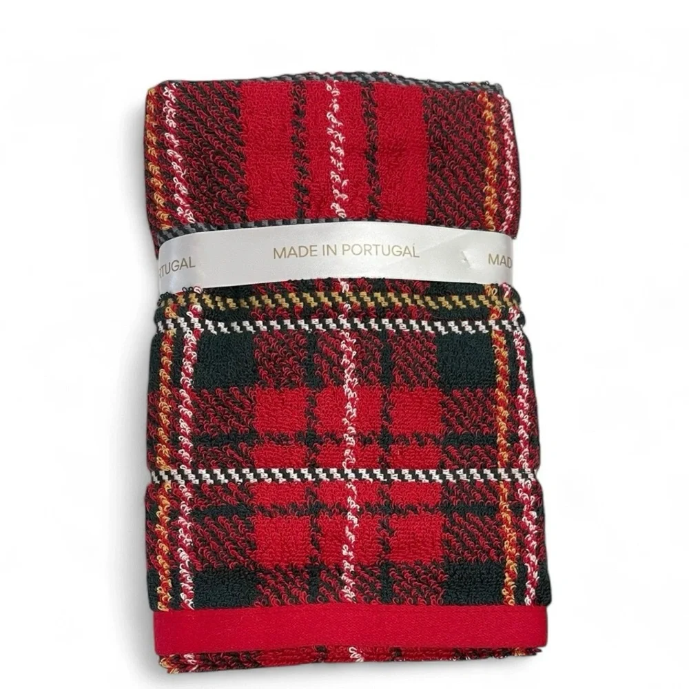Bianca 2 Pc Hand Towel Christmas Holiday Tartan Plaid Cotton 16x28 Made Portugal
